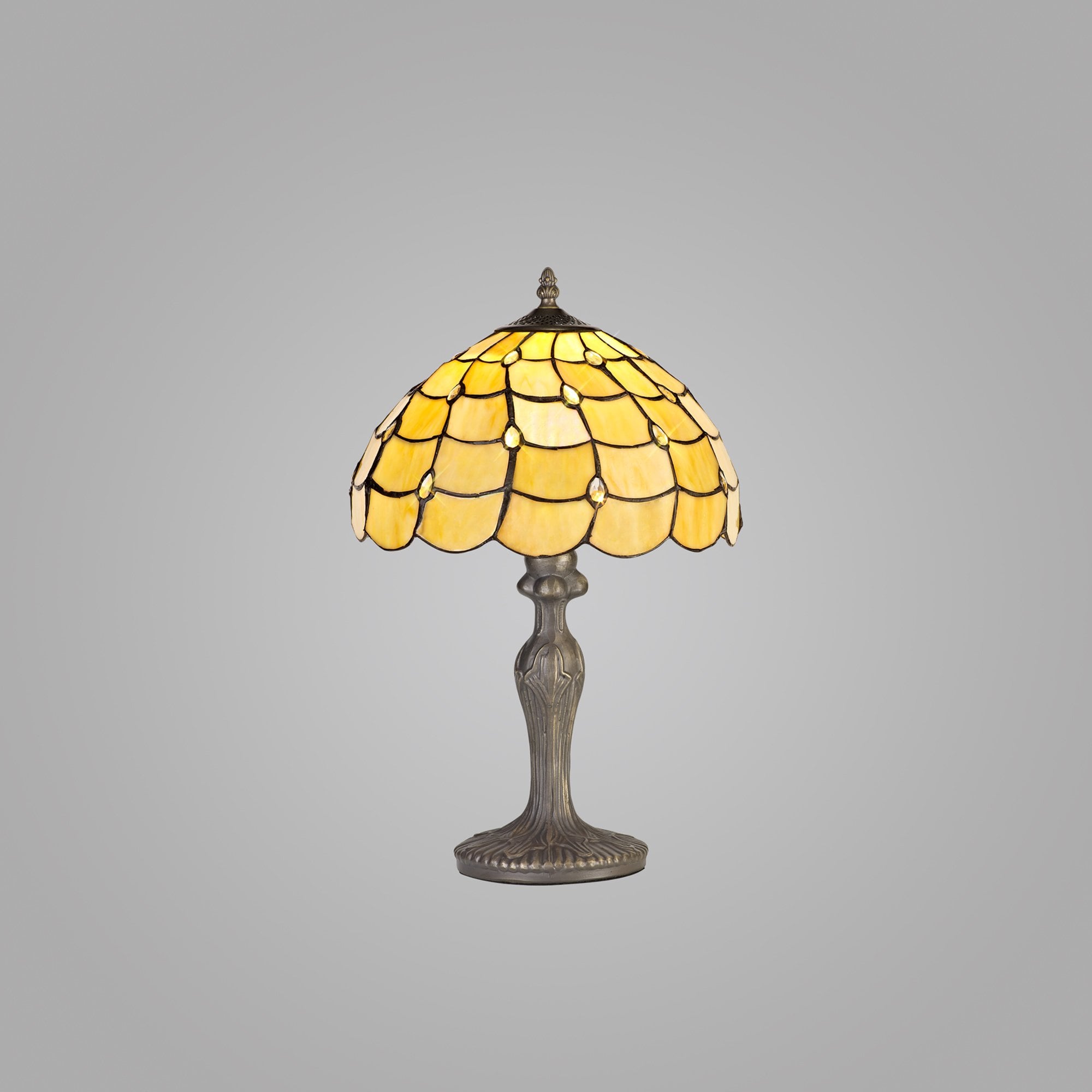 NLK00359 Chrisy 1 Light Curved Table Lamp With 30cm Tiffany Shade Beige/Clear Crystal/Aged Antique Brass