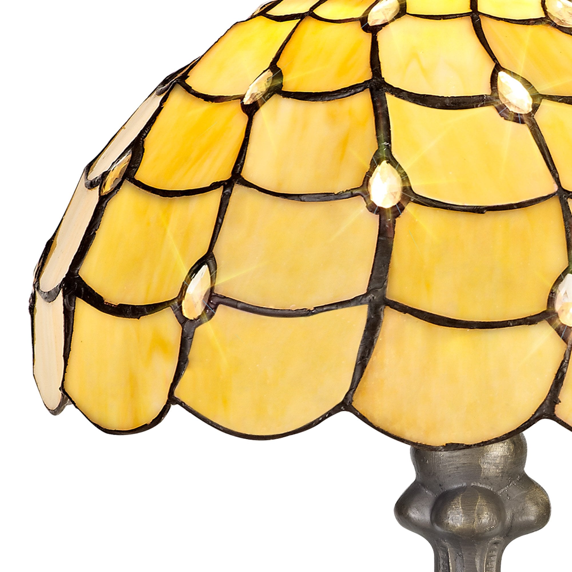 NLK00359 Chrisy 1 Light Curved Table Lamp With 30cm Tiffany Shade Beige/Clear Crystal/Aged Antique Brass