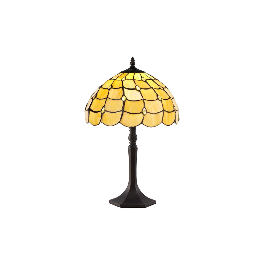 NLK00369 Chrisy 1 Light Octagonal Table Lamp With 30cm Tiffany Shade Beige/Clear Crystal/Aged Antique Brass