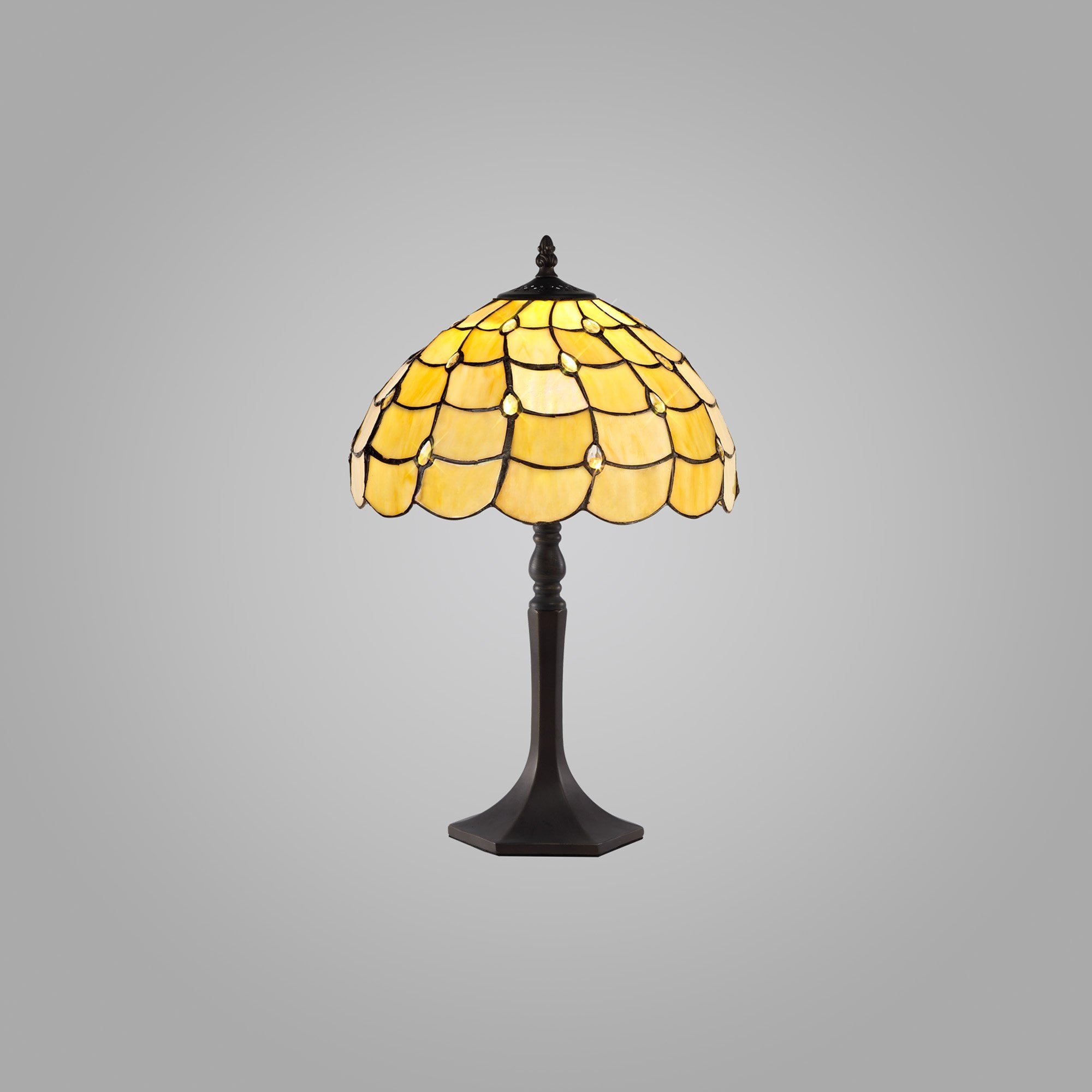 NLK00369 Chrisy 1 Light Octagonal Table Lamp With 30cm Tiffany Shade Beige/Clear Crystal/Aged Antique Brass