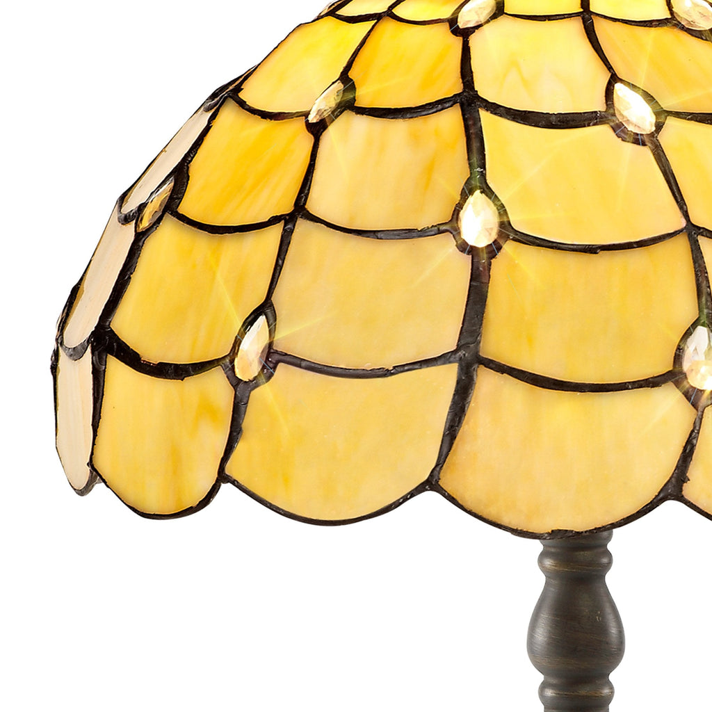 NLK00369 Chrisy 1 Light Octagonal Table Lamp With 30cm Tiffany Shade Beige/Clear Crystal/Aged Antique Brass