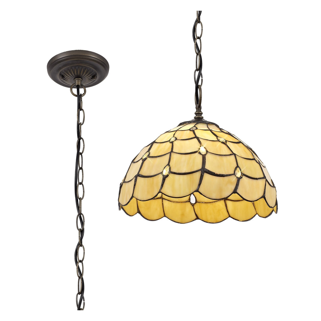 NLK00379 Chrisy 1 Light Down Lighter Pendant With 30cm Tiffany Shade Beige/Clear Crystal/Aged Antique Brass