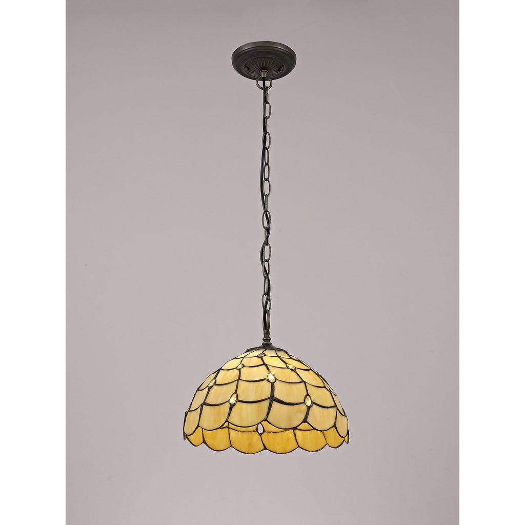 NLK00379 Chrisy 1 Light Down Lighter Pendant With 30cm Tiffany Shade Beige/Clear Crystal/Aged Antique Brass