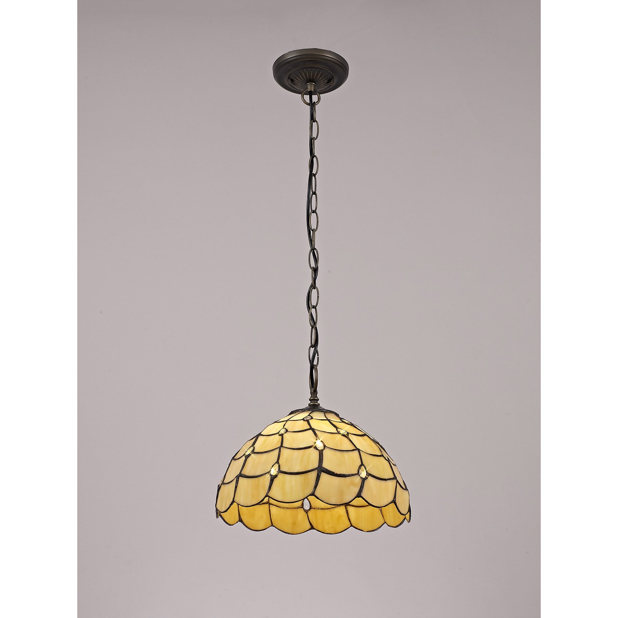 NLK00379 Chrisy 1 Light Down Lighter Pendant With 30cm Tiffany Shade Beige/Clear Crystal/Aged Antique Brass