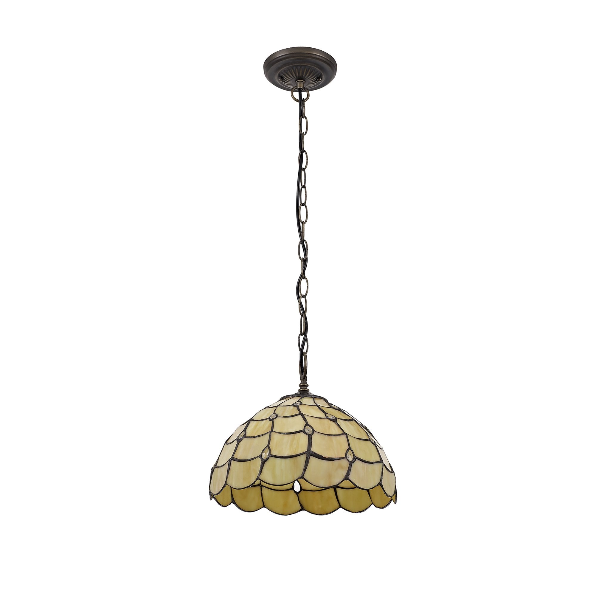 NLK00379 Chrisy 1 Light Down Lighter Pendant With 30cm Tiffany Shade Beige/Clear Crystal/Aged Antique Brass