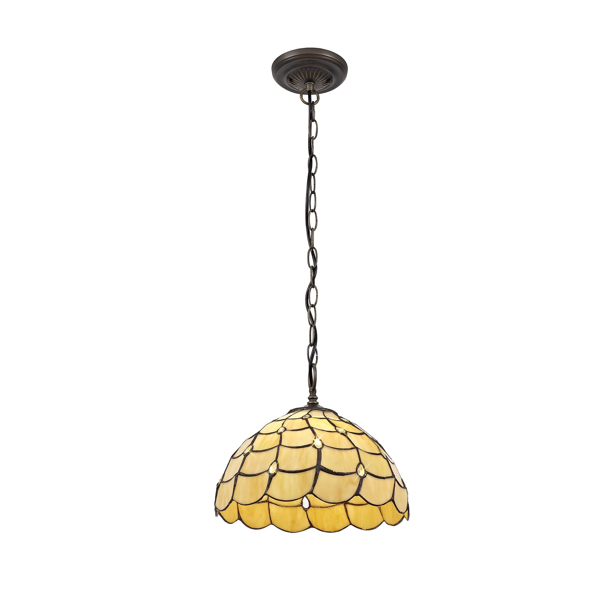 NLK00379 Chrisy 1 Light Down Lighter Pendant With 30cm Tiffany Shade Beige/Clear Crystal/Aged Antique Brass