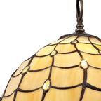 NLK00379 Chrisy 1 Light Down Lighter Pendant With 30cm Tiffany Shade Beige/Clear Crystal/Aged Antique Brass