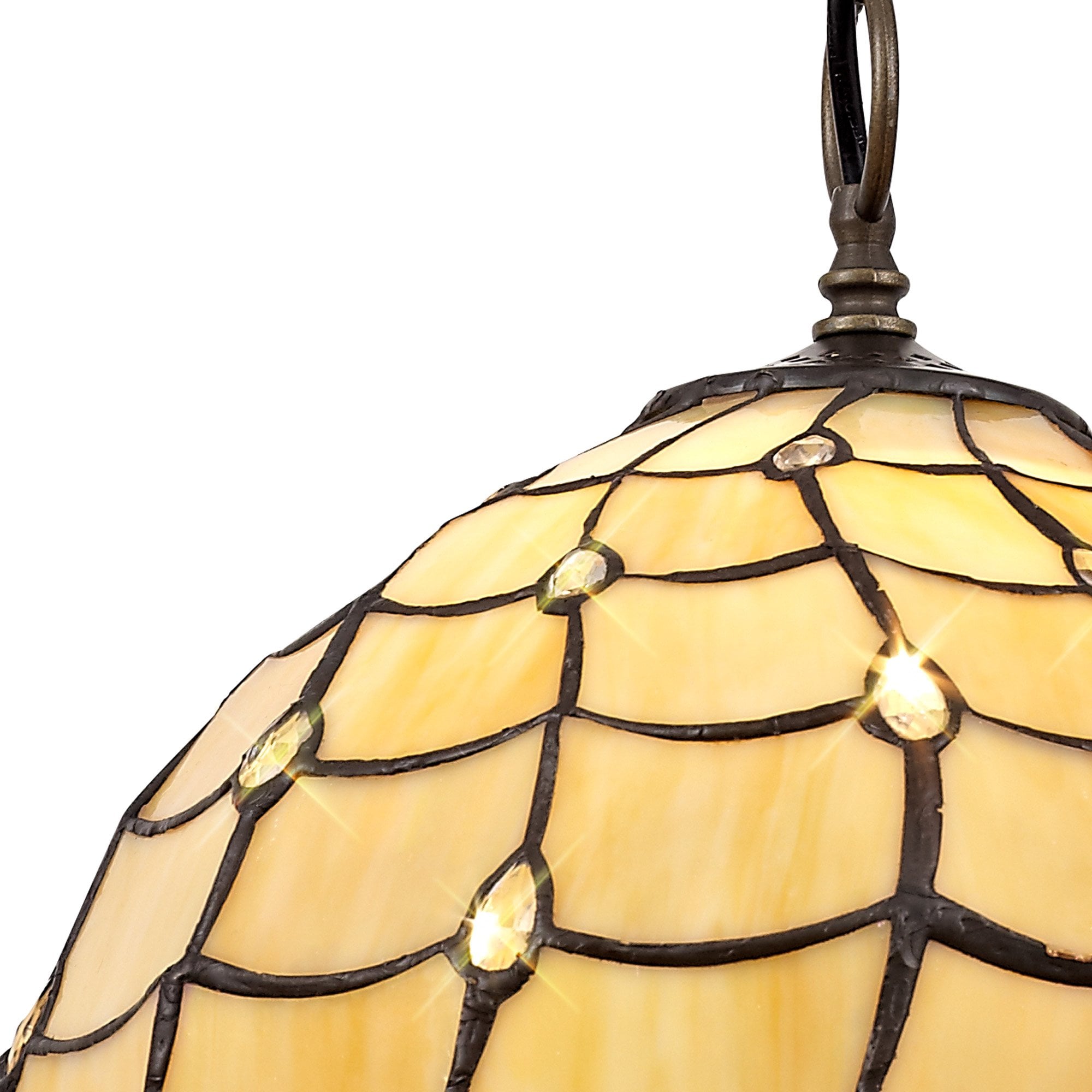 NLK00379 Chrisy 1 Light Down Lighter Pendant With 30cm Tiffany Shade Beige/Clear Crystal/Aged Antique Brass