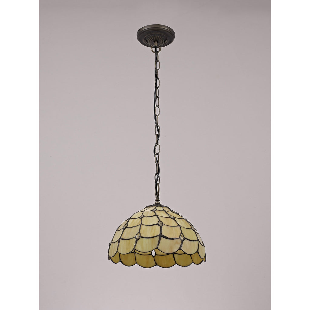 NLK00379 Chrisy 1 Light Down Lighter Pendant With 30cm Tiffany Shade Beige/Clear Crystal/Aged Antique Brass