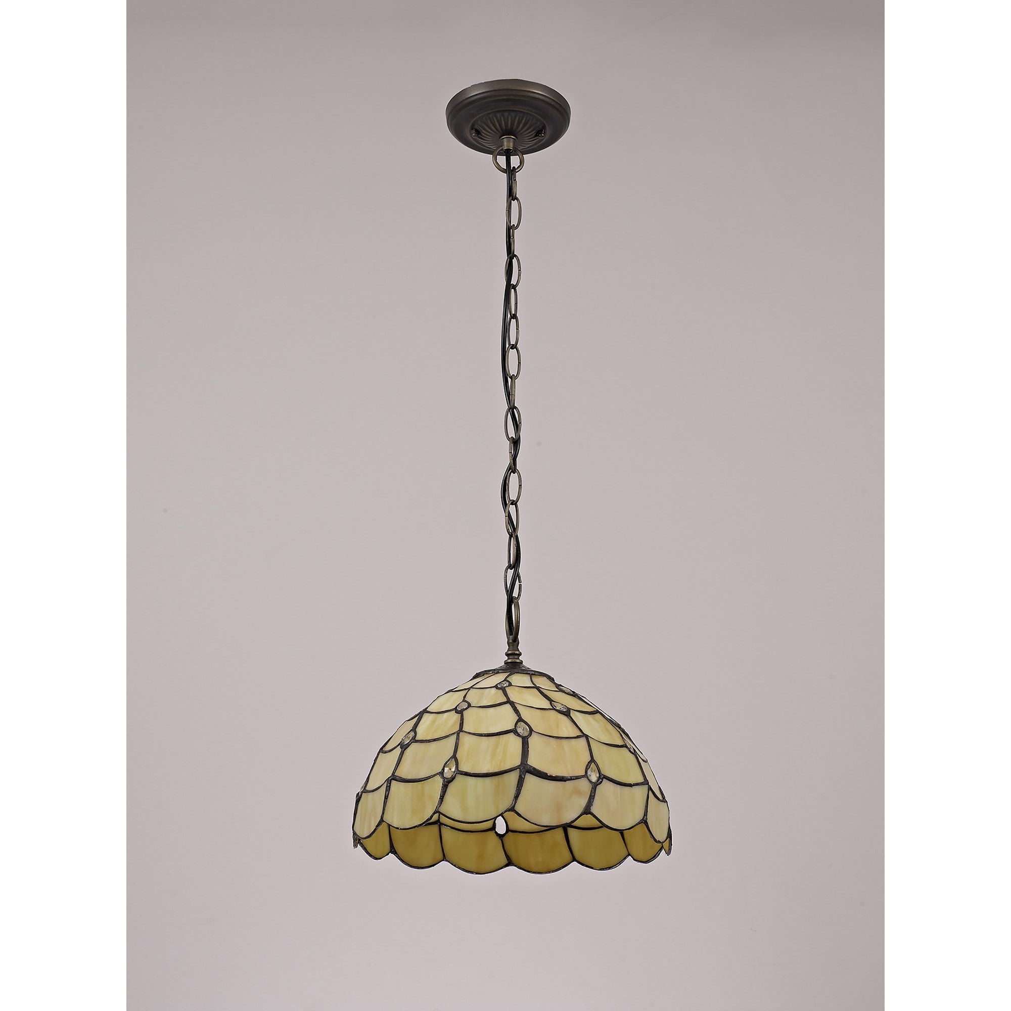 NLK00379 Chrisy 1 Light Down Lighter Pendant With 30cm Tiffany Shade Beige/Clear Crystal/Aged Antique Brass