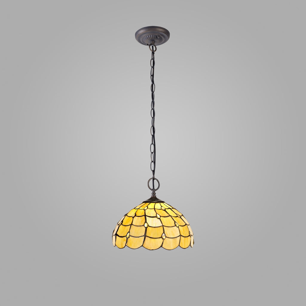 NLK00389 Chrisy 2 Light Down Lighter Pendant With 30cm Tiffany Shade Beige/Clear Crystal/Aged Antique Brass