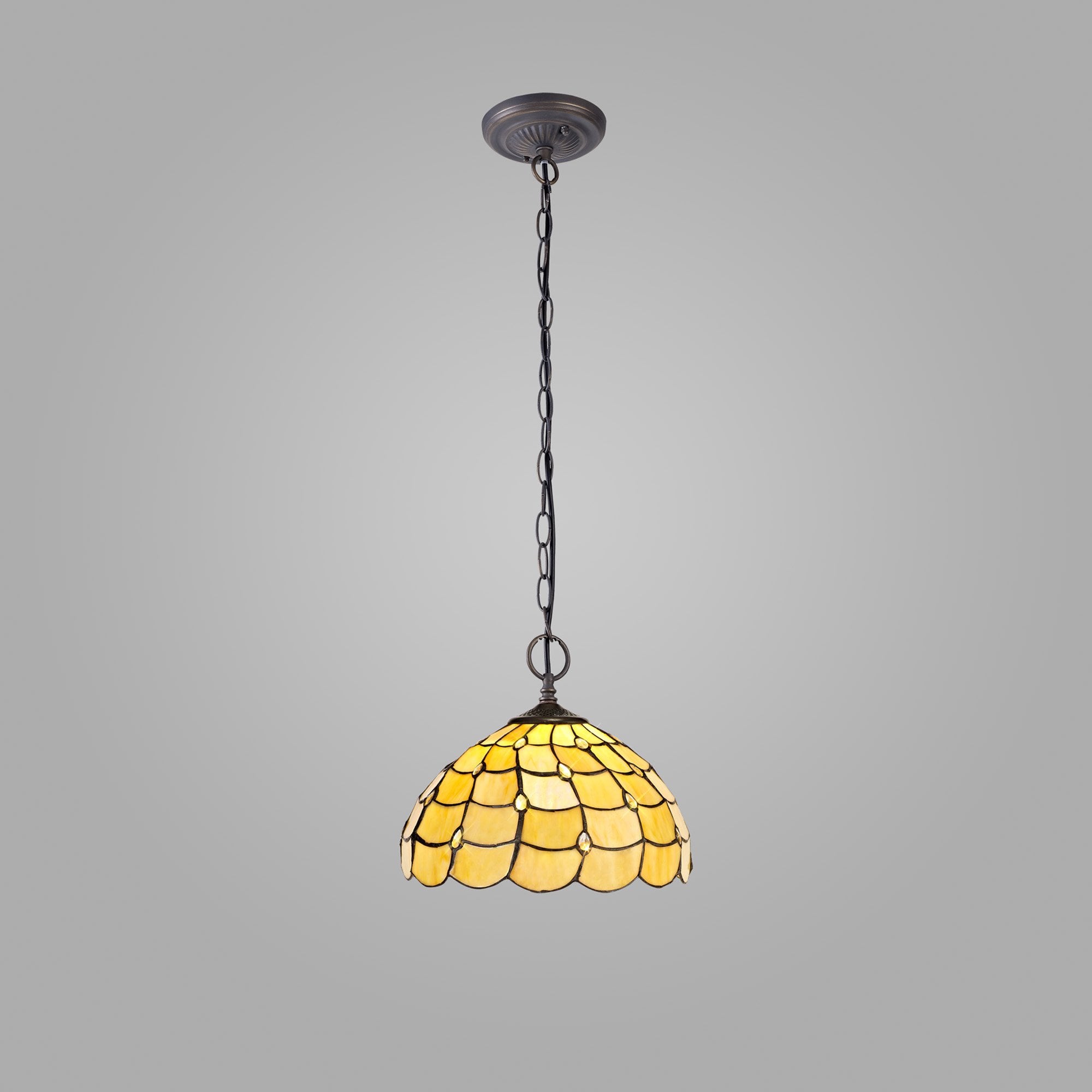 NLK00389 Chrisy 2 Light Down Lighter Pendant With 30cm Tiffany Shade Beige/Clear Crystal/Aged Antique Brass