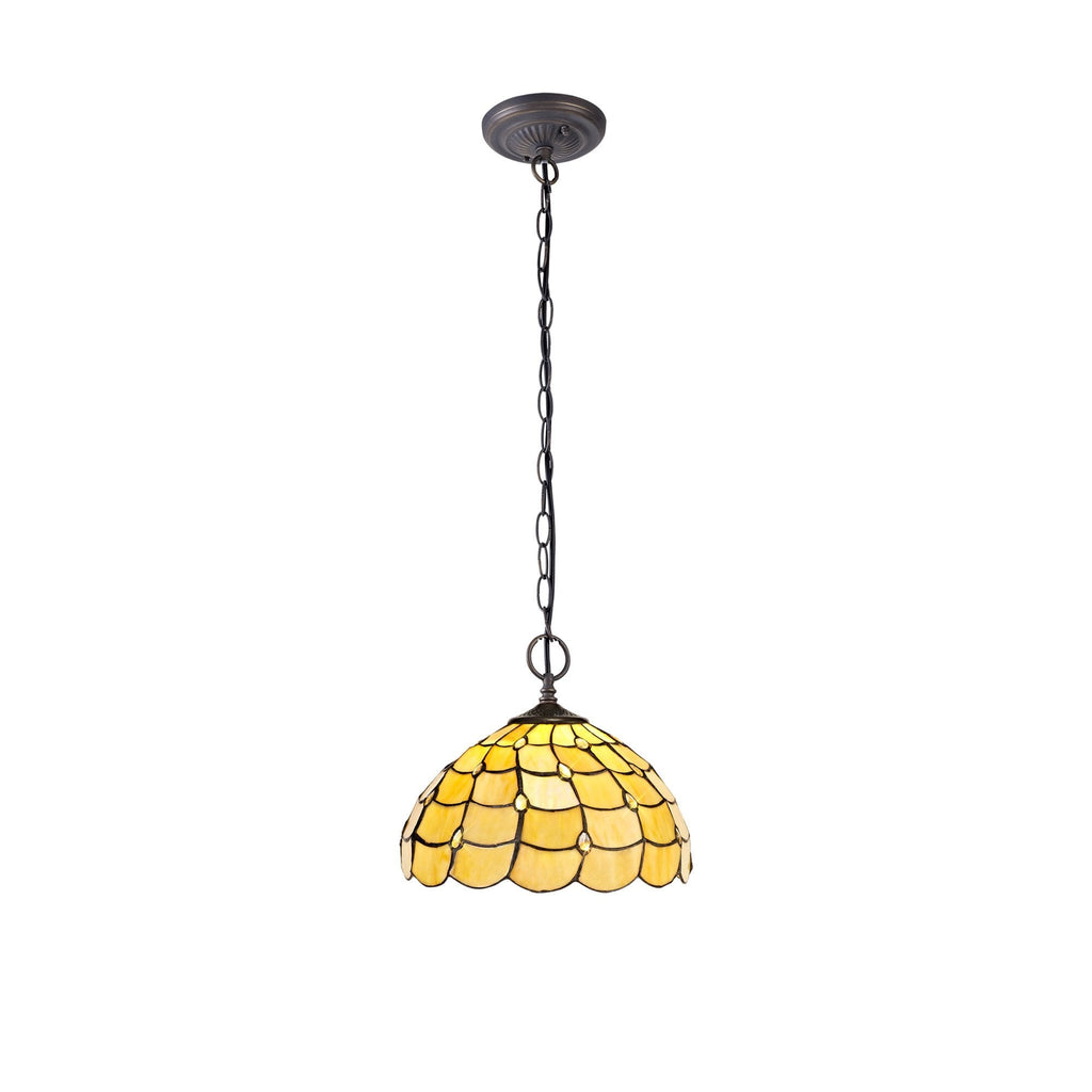 NLK00389 Chrisy 2 Light Down Lighter Pendant With 30cm Tiffany Shade Beige/Clear Crystal/Aged Antique Brass