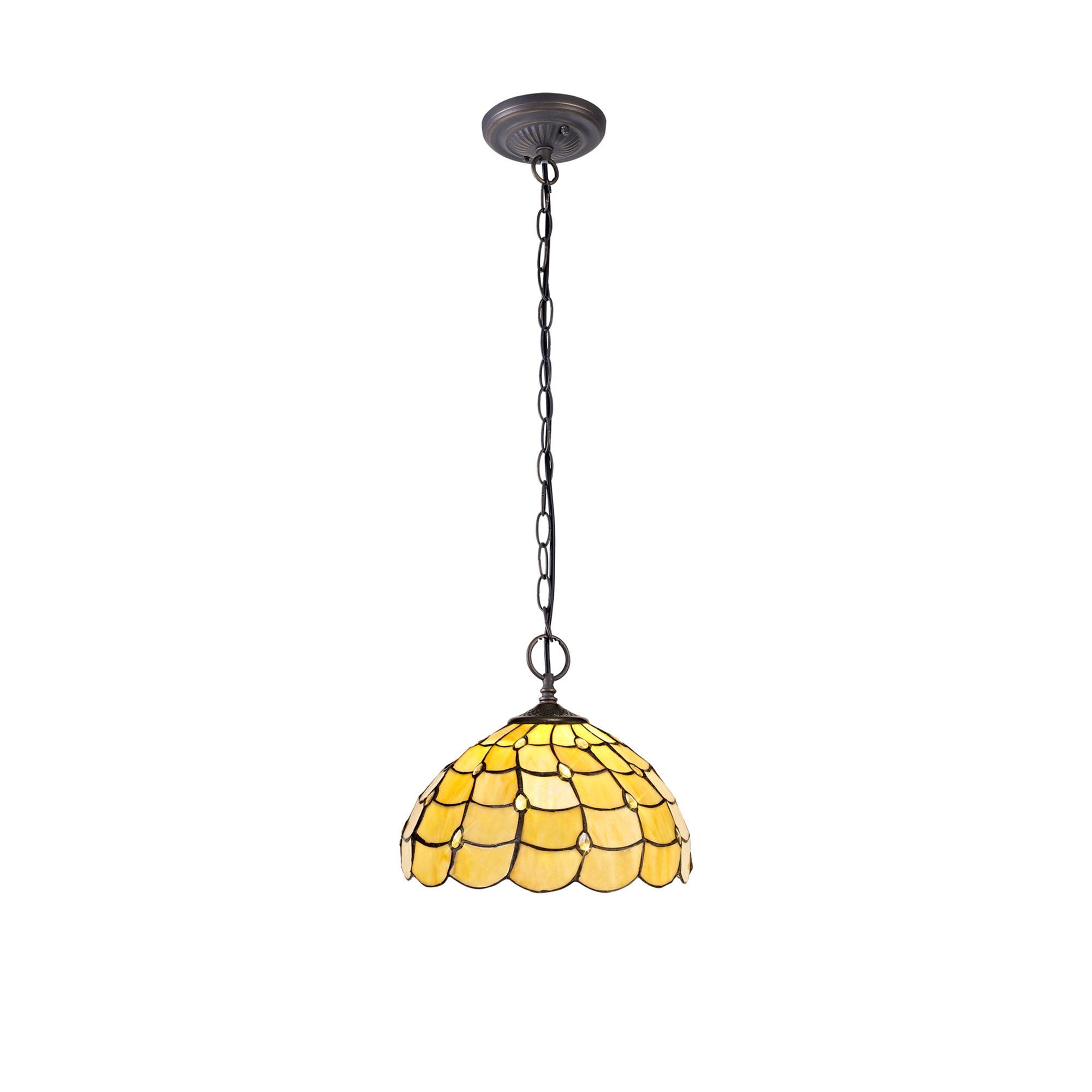 NLK00389 Chrisy 2 Light Down Lighter Pendant With 30cm Tiffany Shade Beige/Clear Crystal/Aged Antique Brass