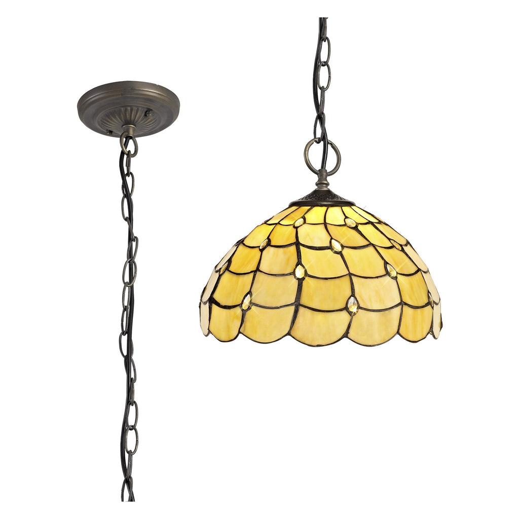 NLK00399 Chrisy 3 Light Down Lighter Pendant With 30cm Tiffany Shade Beige/Clear Crystal/Aged Antique Brass