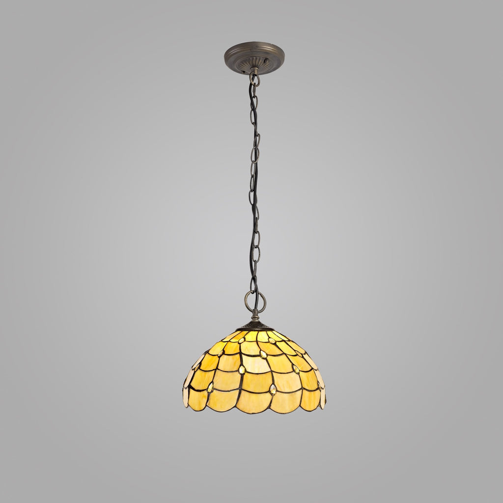 NLK00399 Chrisy 3 Light Down Lighter Pendant With 30cm Tiffany Shade Beige/Clear Crystal/Aged Antique Brass