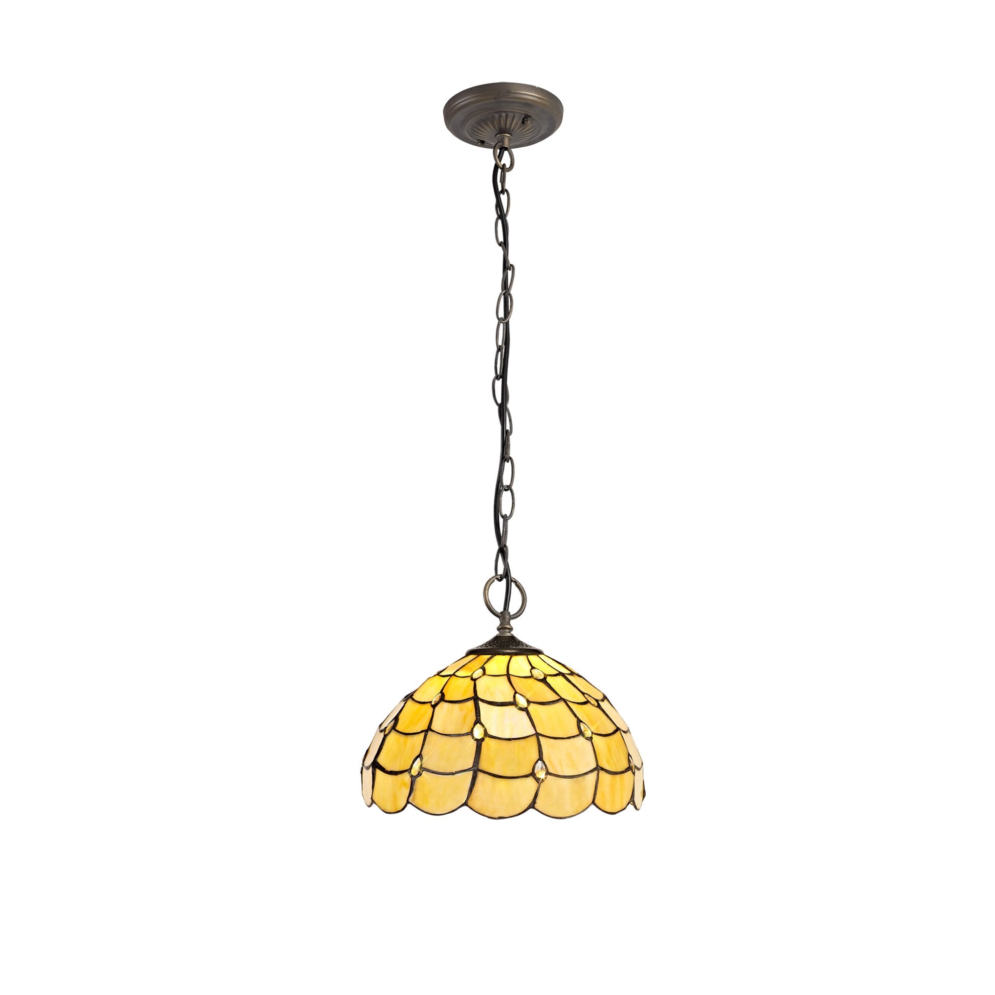 NLK00399 Chrisy 3 Light Down Lighter Pendant With 30cm Tiffany Shade Beige/Clear Crystal/Aged Antique Brass