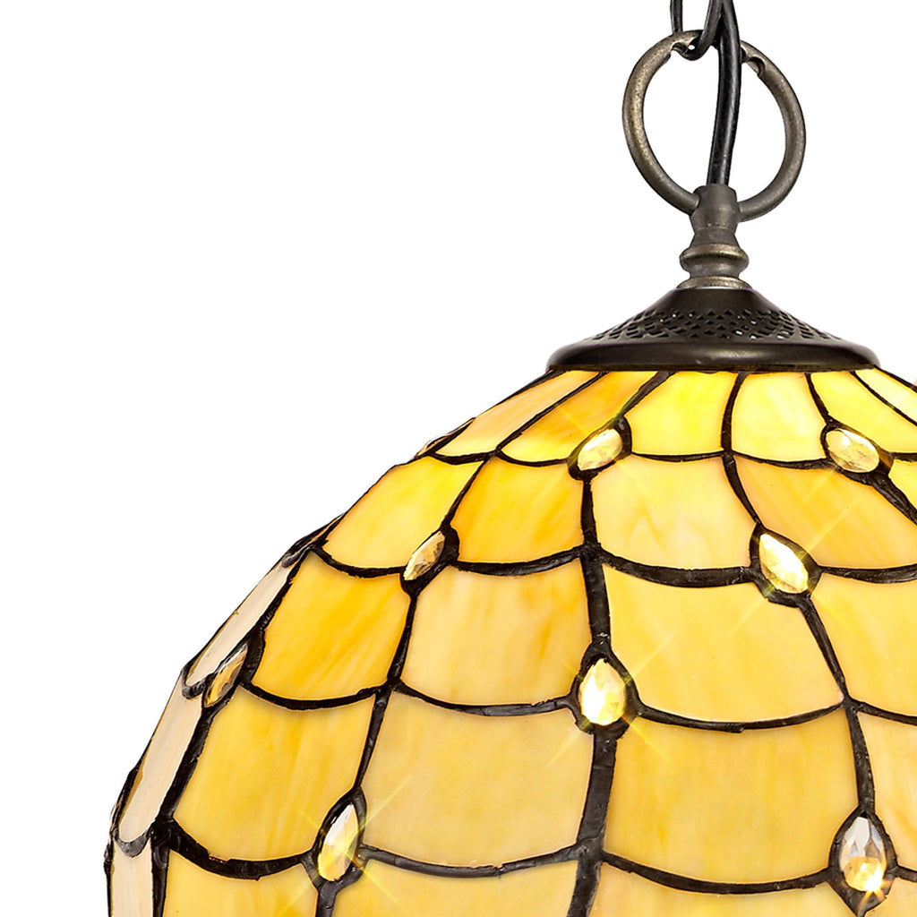 NLK00399 Chrisy 3 Light Down Lighter Pendant With 30cm Tiffany Shade Beige/Clear Crystal/Aged Antique Brass