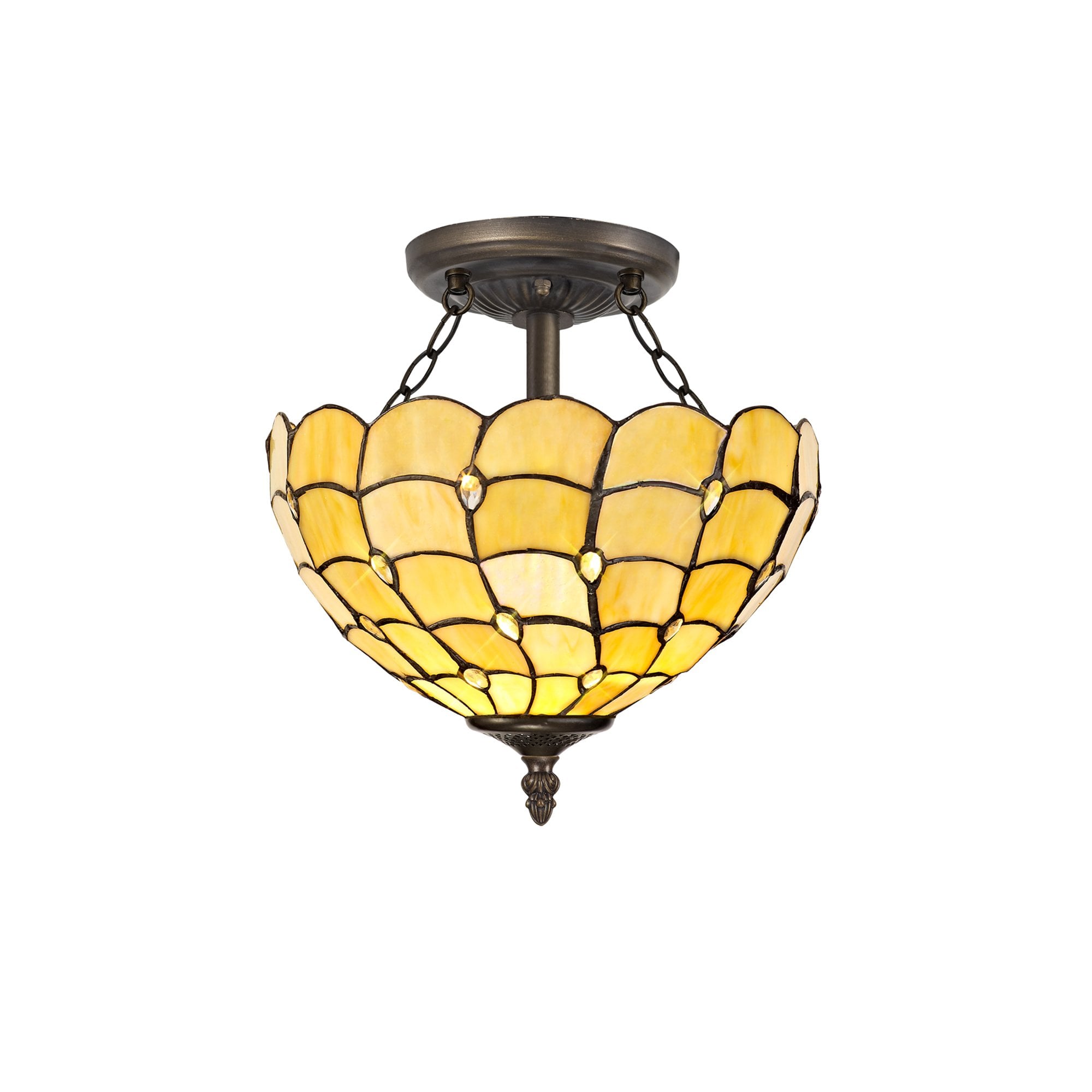 NLK00409 Chrisy 2 Light Semi Ceiling With 30cm Tiffany Shade Beige/Clear Crystal/Aged Antique Brass