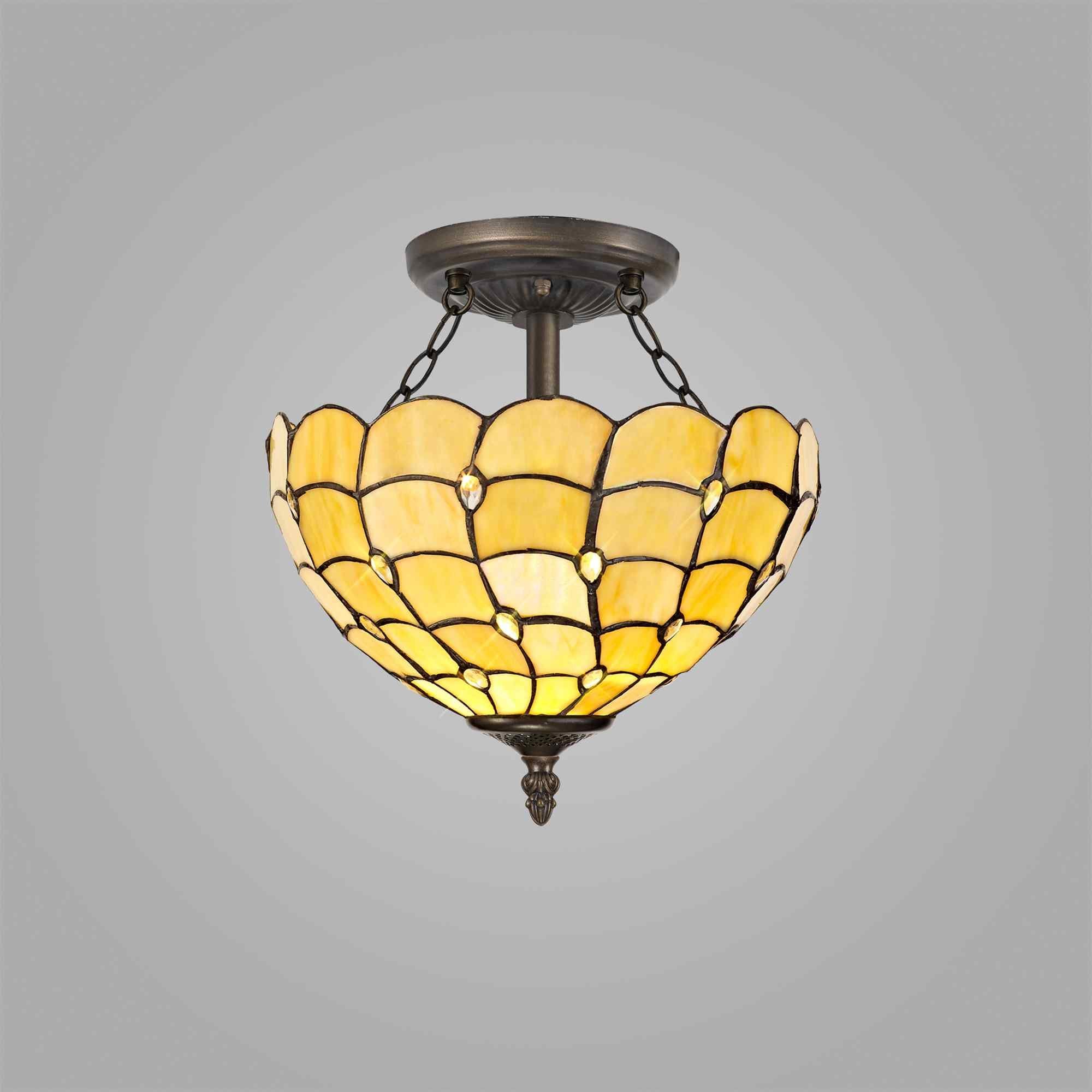 NLK00409 Chrisy 2 Light Semi Ceiling With 30cm Tiffany Shade Beige/Clear Crystal/Aged Antique Brass
