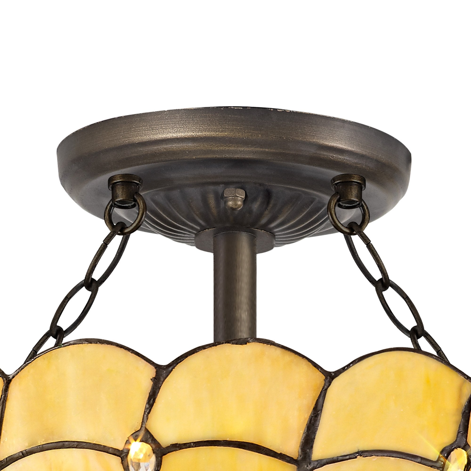 NLK00409 Chrisy 2 Light Semi Ceiling With 30cm Tiffany Shade Beige/Clear Crystal/Aged Antique Brass