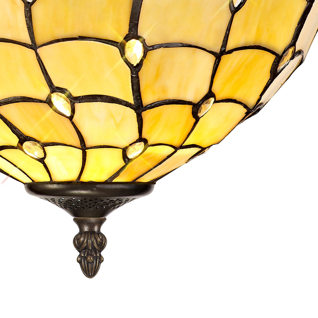 NLK00409 Chrisy 2 Light Semi Ceiling With 30cm Tiffany Shade Beige/Clear Crystal/Aged Antique Brass