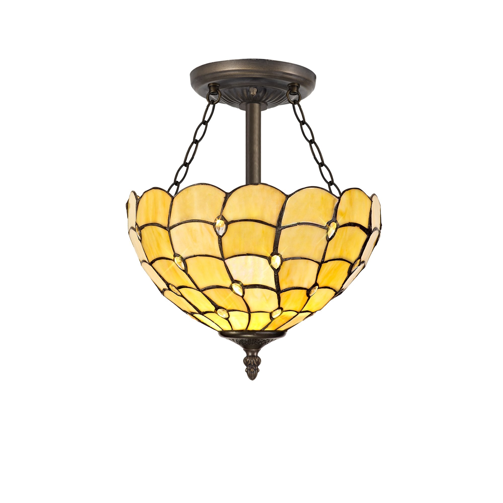 NLK00419 Chrisy 3 Light Semi Ceiling With 30cm Tiffany Shade Beige/Clear Crystal/Aged Antique Brass