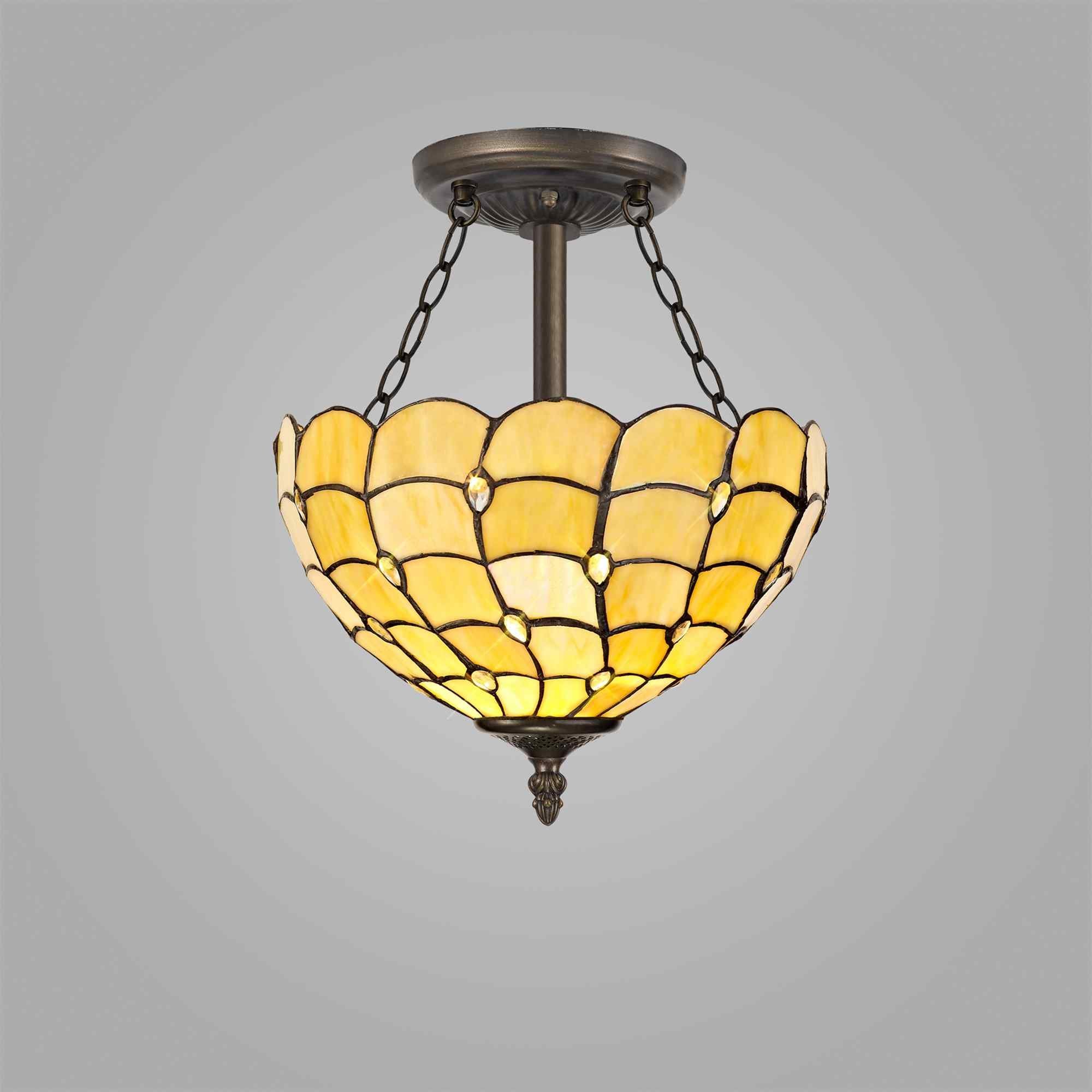 NLK00419 Chrisy 3 Light Semi Ceiling With 30cm Tiffany Shade Beige/Clear Crystal/Aged Antique Brass