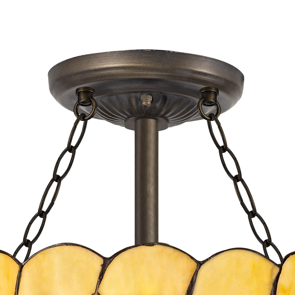 NLK00419 Chrisy 3 Light Semi Ceiling With 30cm Tiffany Shade Beige/Clear Crystal/Aged Antique Brass