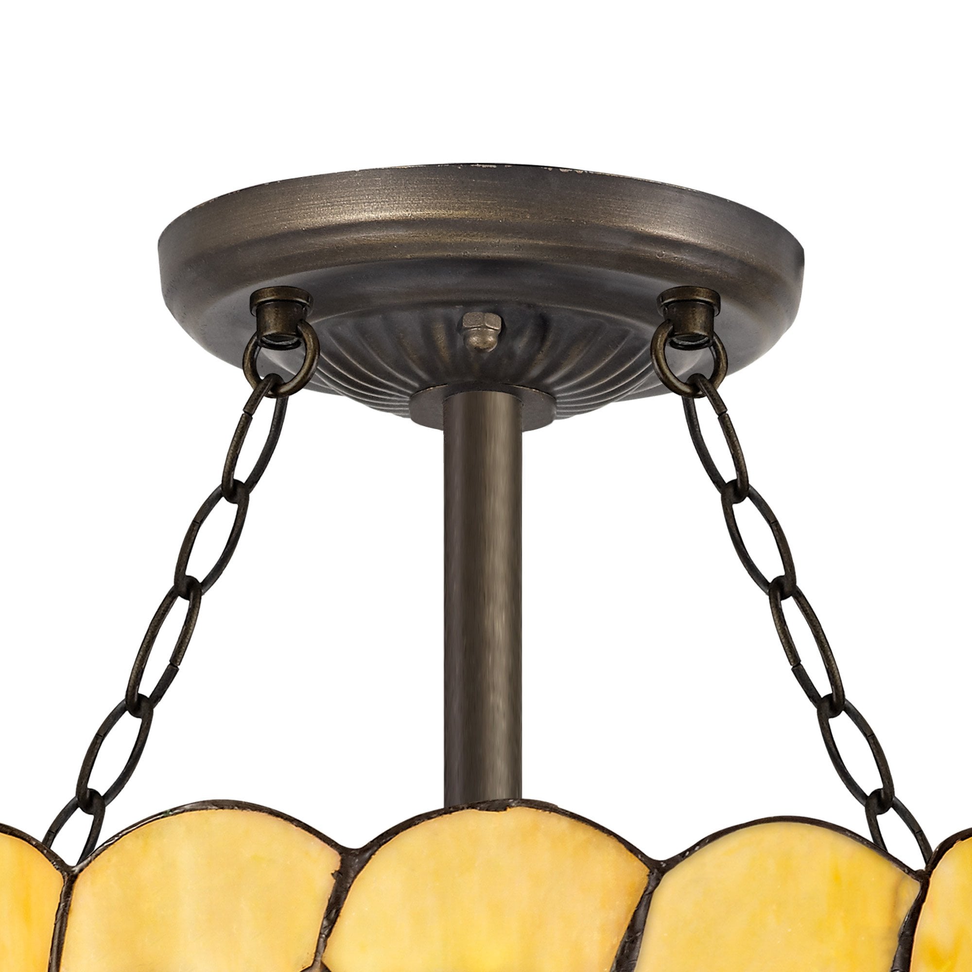 NLK00419 Chrisy 3 Light Semi Ceiling With 30cm Tiffany Shade Beige/Clear Crystal/Aged Antique Brass