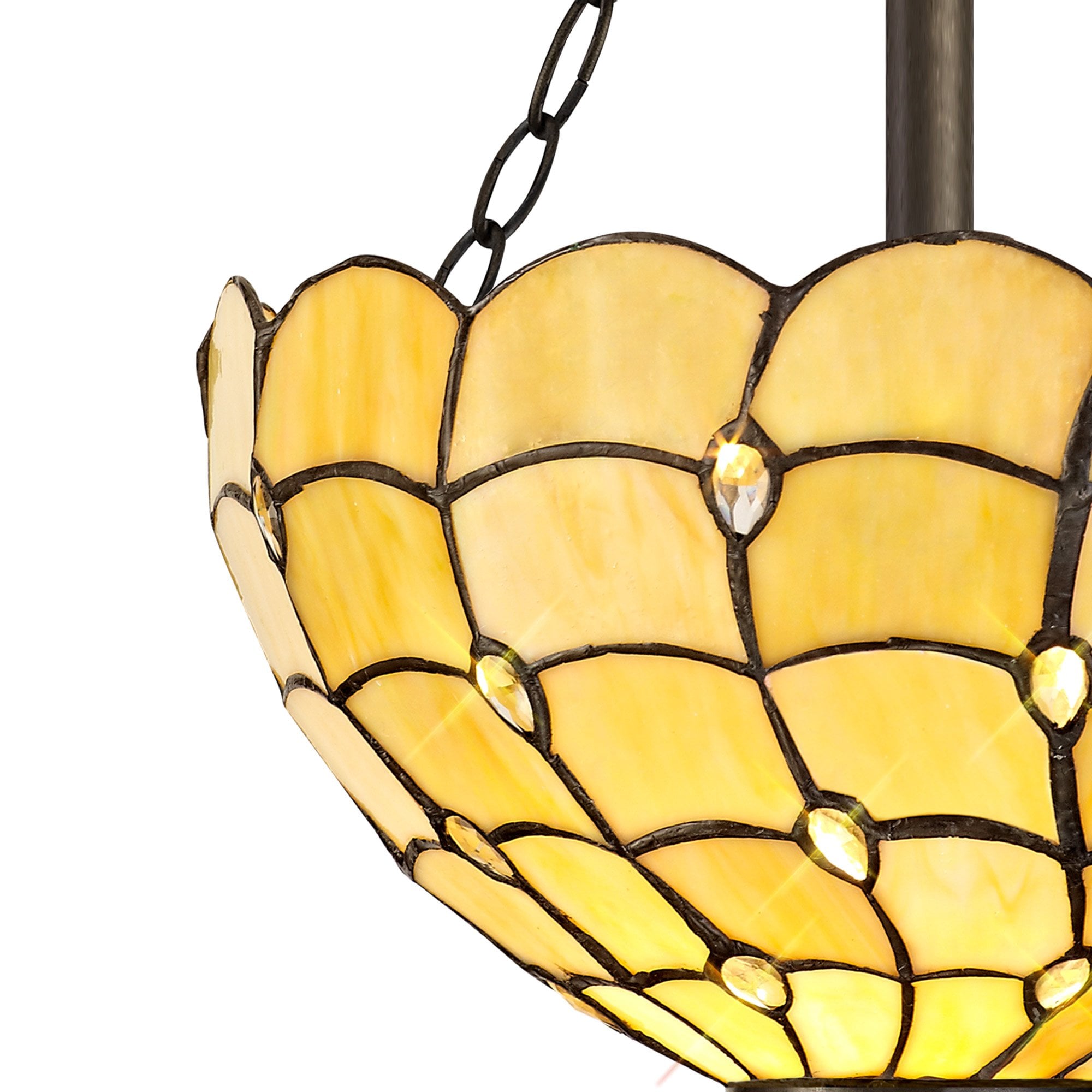 NLK00419 Chrisy 3 Light Semi Ceiling With 30cm Tiffany Shade Beige/Clear Crystal/Aged Antique Brass