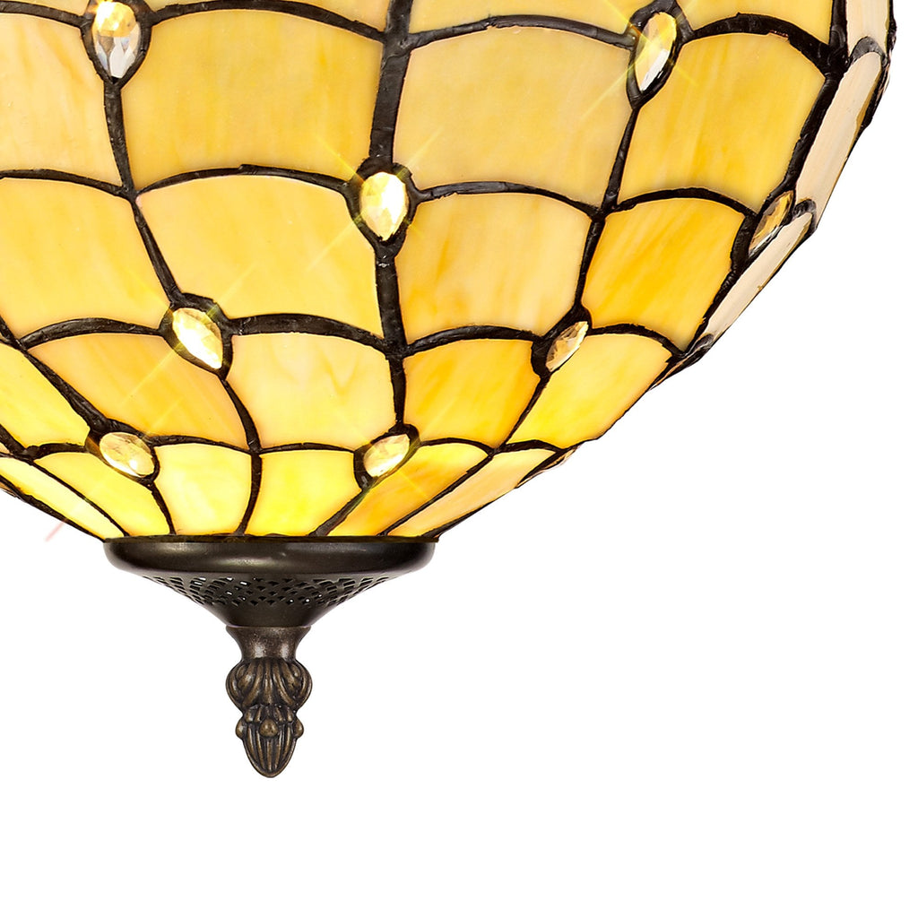 NLK00419 Chrisy 3 Light Semi Ceiling With 30cm Tiffany Shade Beige/Clear Crystal/Aged Antique Brass