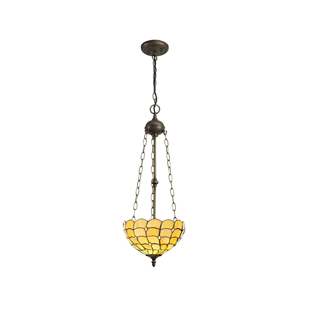 NLK00439 Chrisy 3 Light Up Lighter Pendant With 30cm Tiffany Shade Beige/Clear Crystal/Aged Antique Brass