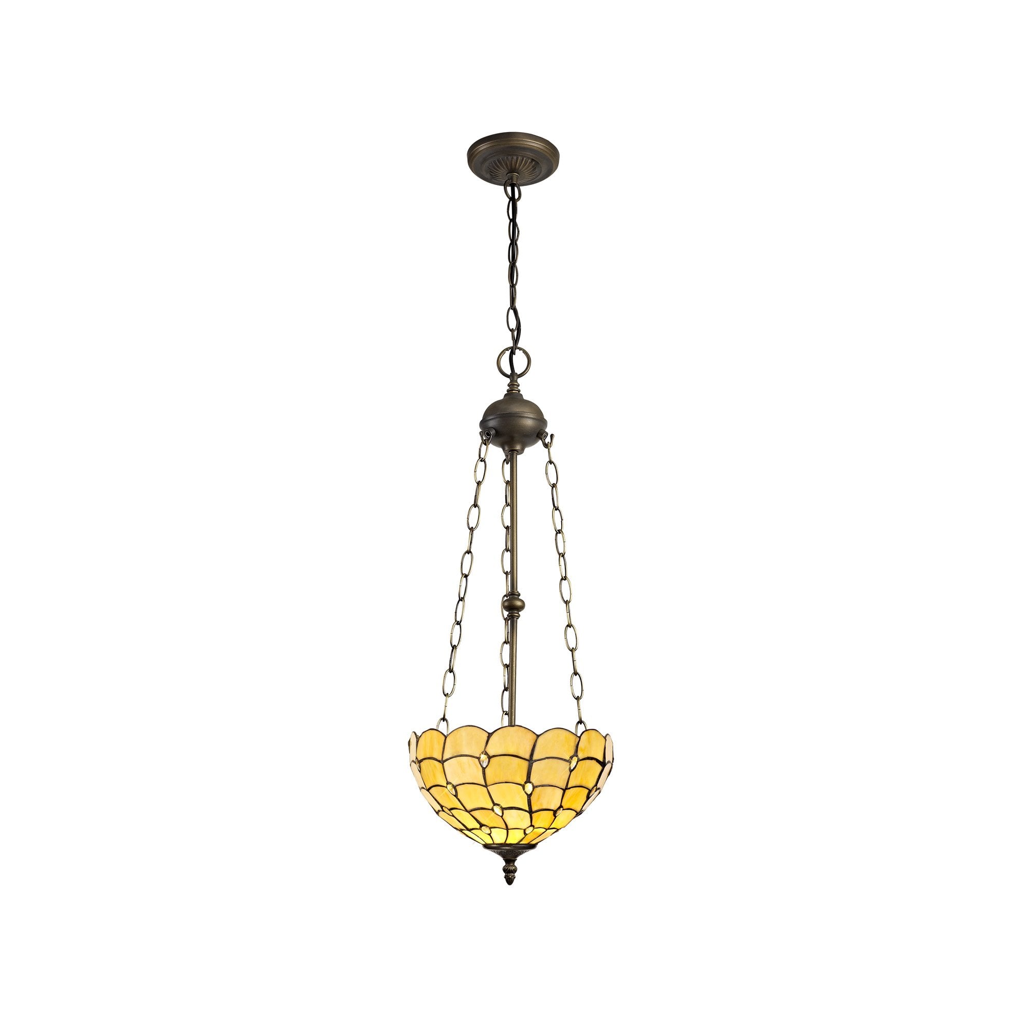NLK00439 Chrisy 3 Light Up Lighter Pendant With 30cm Tiffany Shade Beige/Clear Crystal/Aged Antique Brass