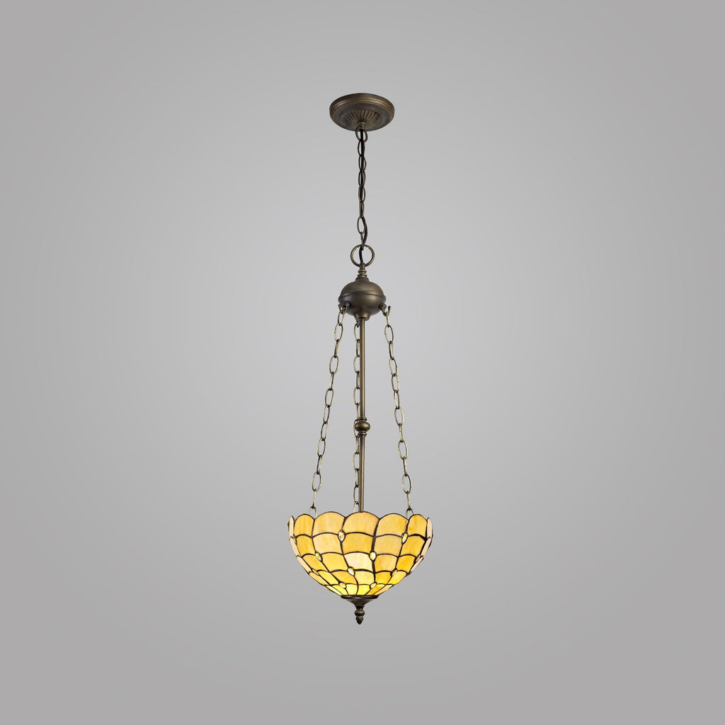 NLK00439 Chrisy 3 Light Up Lighter Pendant With 30cm Tiffany Shade Beige/Clear Crystal/Aged Antique Brass