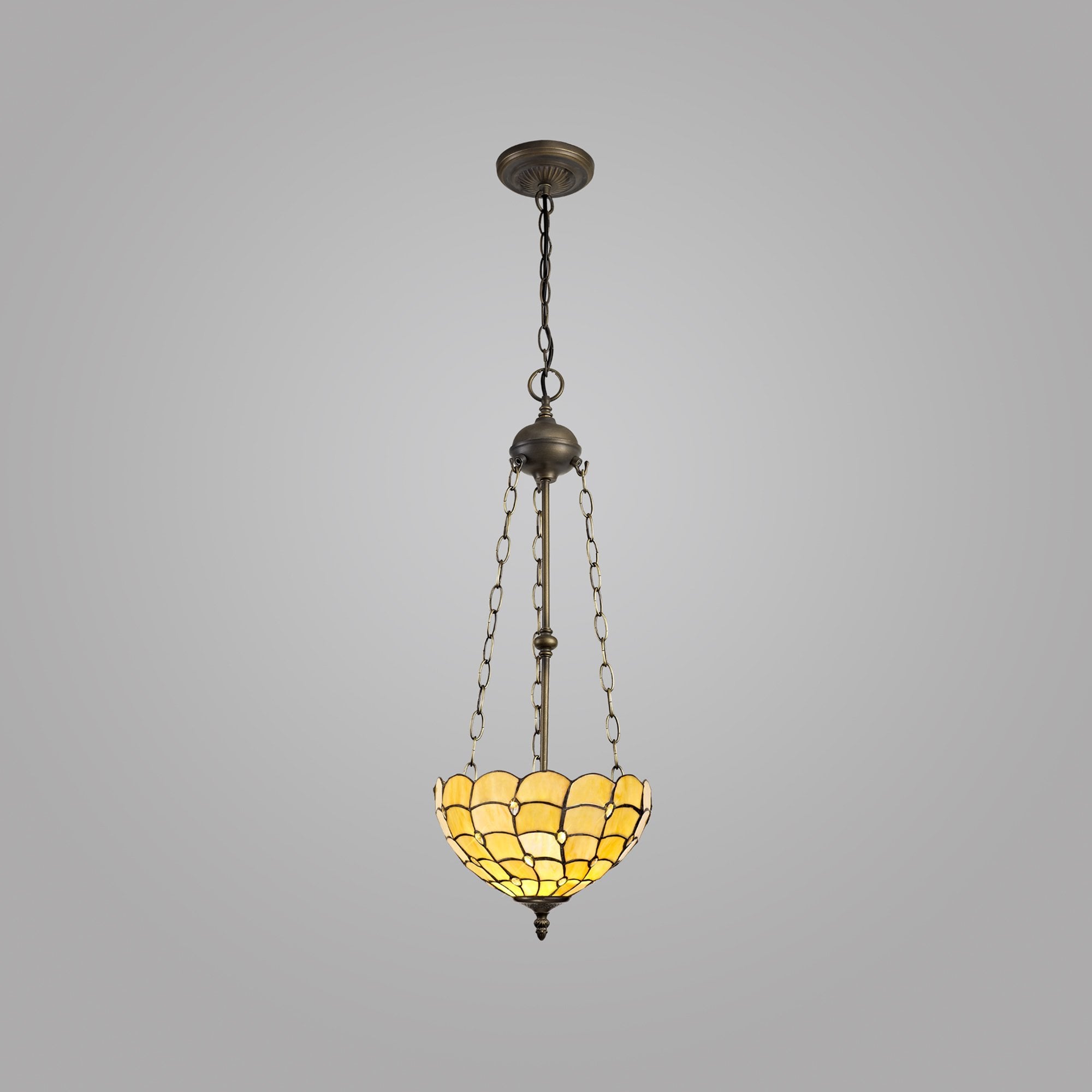 NLK00439 Chrisy 3 Light Up Lighter Pendant With 30cm Tiffany Shade Beige/Clear Crystal/Aged Antique Brass