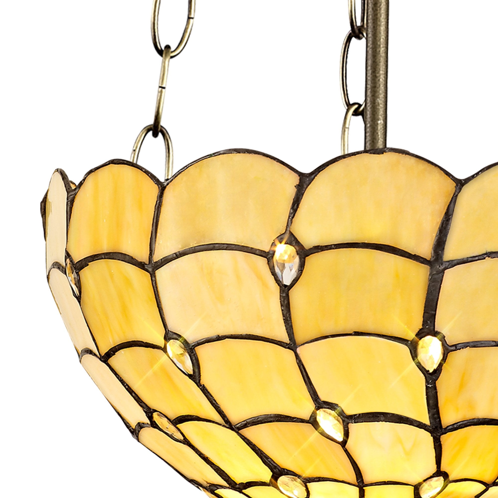NLK00439 Chrisy 3 Light Up Lighter Pendant With 30cm Tiffany Shade Beige/Clear Crystal/Aged Antique Brass