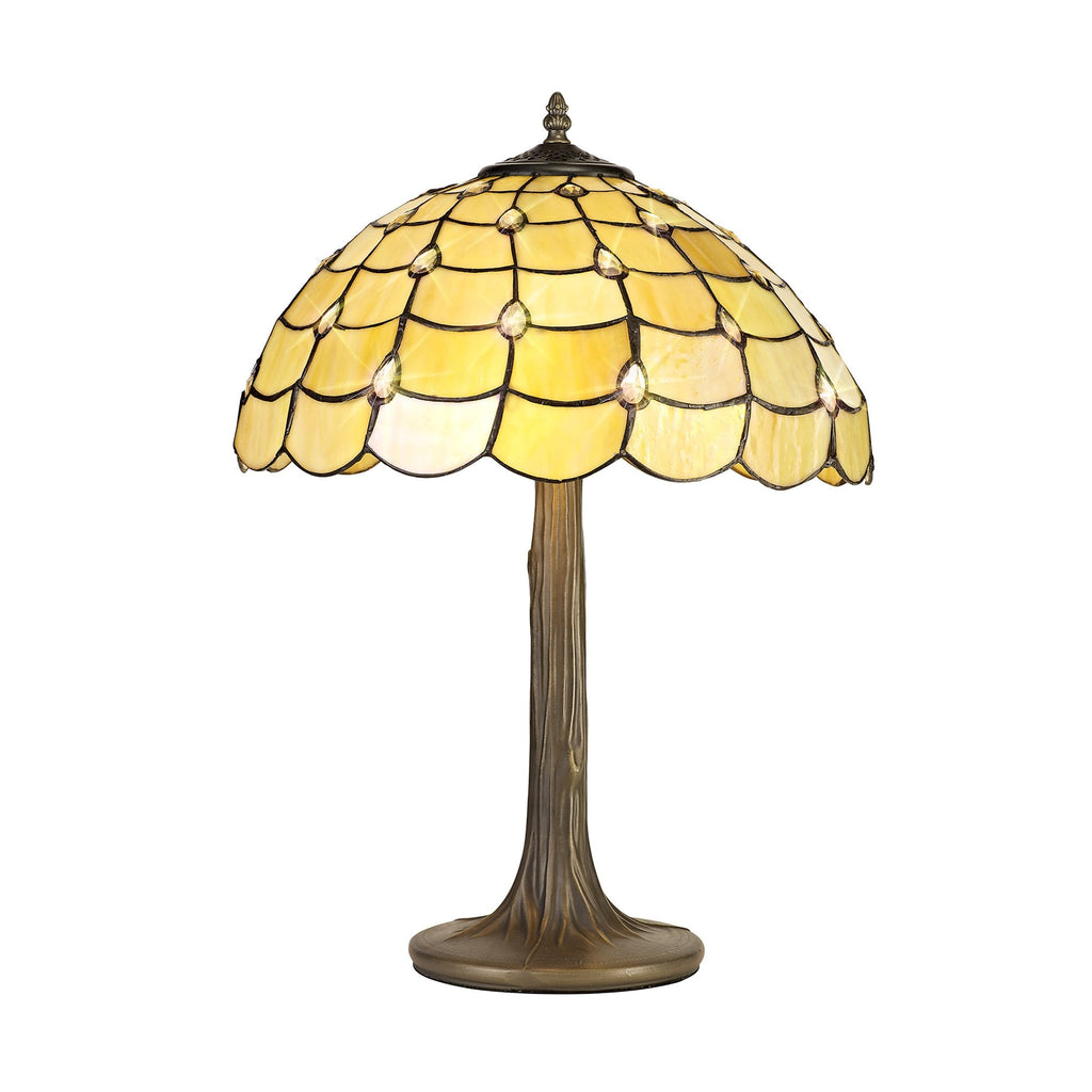 NLK00449 Chrisy 2 Light Tree Like Table Lamp With 40cm Tiffany Shade Beige/Clear Crystal/Aged Antique Brass