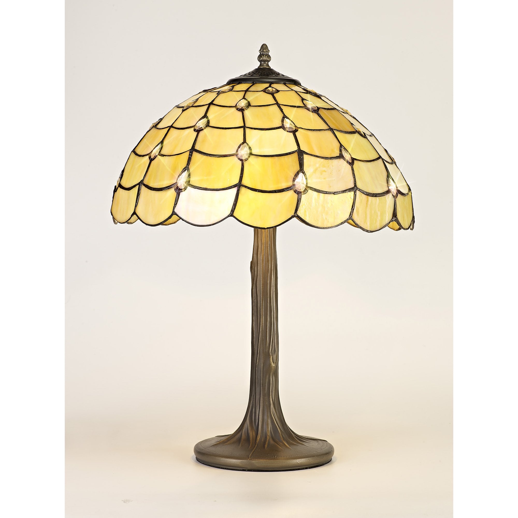 NLK00449 Chrisy 2 Light Tree Like Table Lamp With 40cm Tiffany Shade Beige/Clear Crystal/Aged Antique Brass