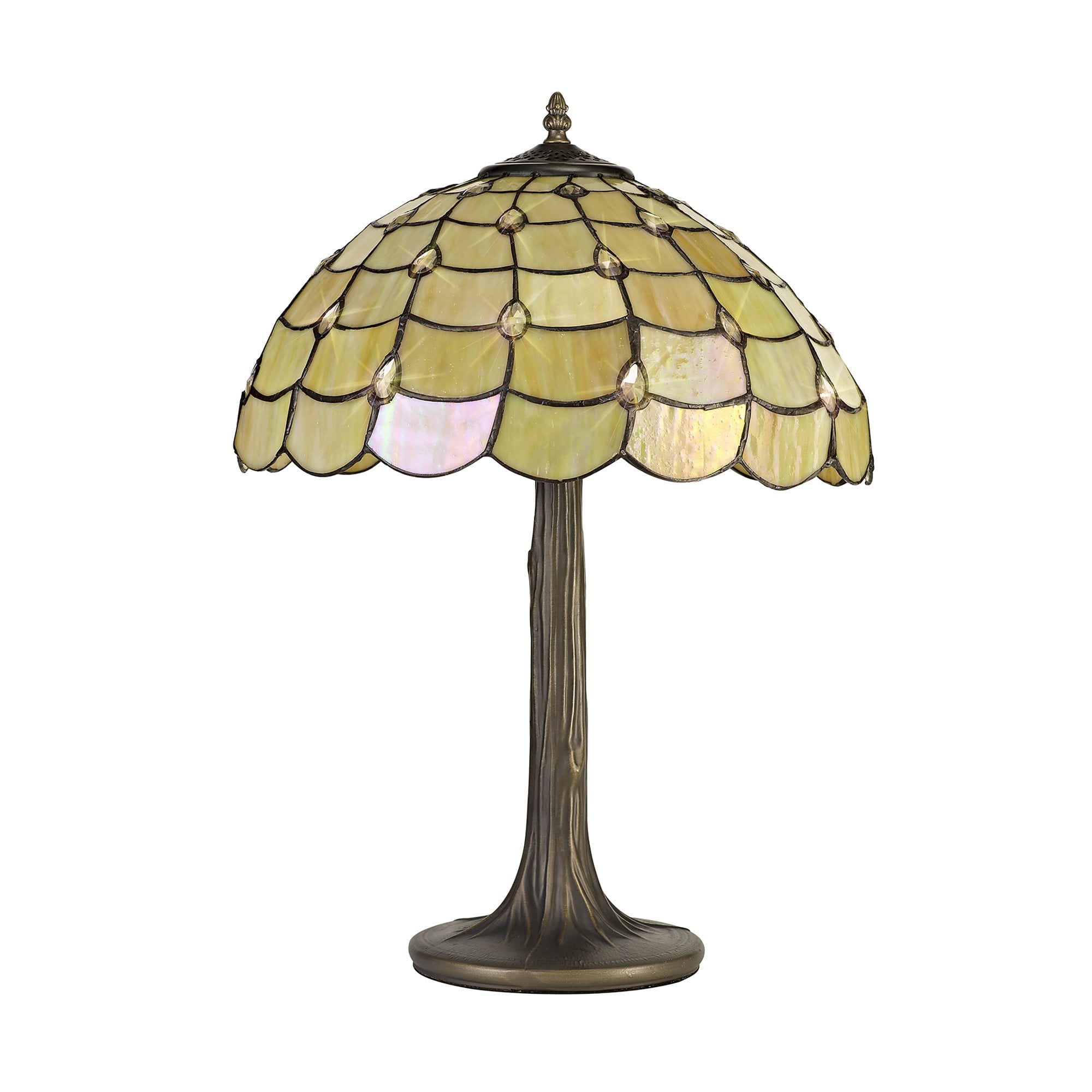 NLK00449 Chrisy 2 Light Tree Like Table Lamp With 40cm Tiffany Shade Beige/Clear Crystal/Aged Antique Brass
