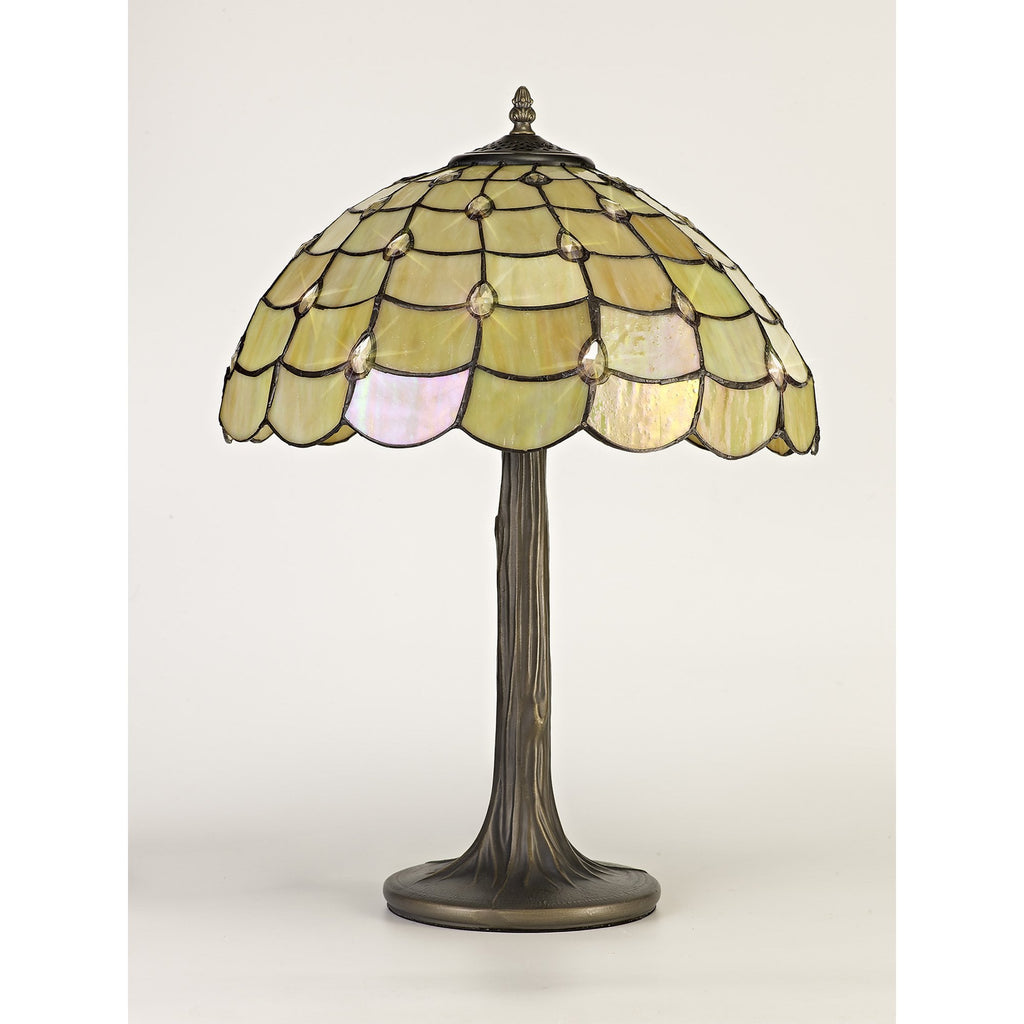 NLK00449 Chrisy 2 Light Tree Like Table Lamp With 40cm Tiffany Shade Beige/Clear Crystal/Aged Antique Brass