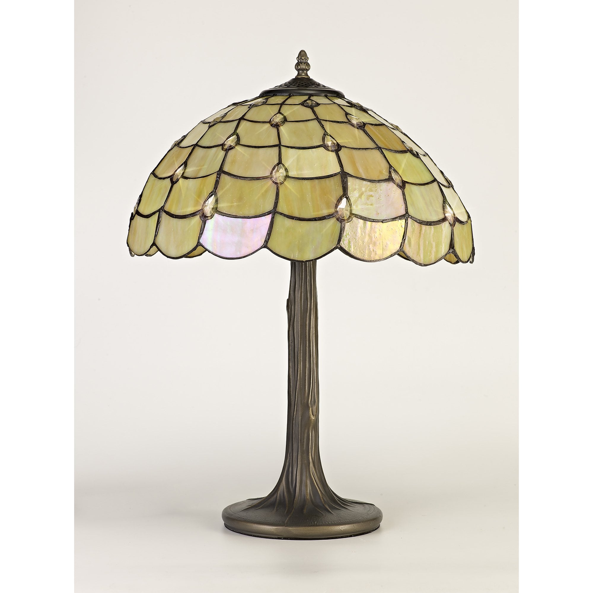 NLK00449 Chrisy 2 Light Tree Like Table Lamp With 40cm Tiffany Shade Beige/Clear Crystal/Aged Antique Brass