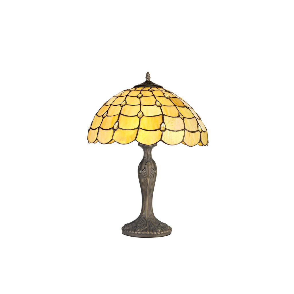 NLK00459 Chrisy 2 Light Curved Table Lamp With 40cm Tiffany Shade Beige/Clear Crystal/Aged Antique Brass