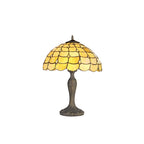 NLK00459 Chrisy 2 Light Curved Table Lamp With 40cm Tiffany Shade Beige/Clear Crystal/Aged Antique Brass