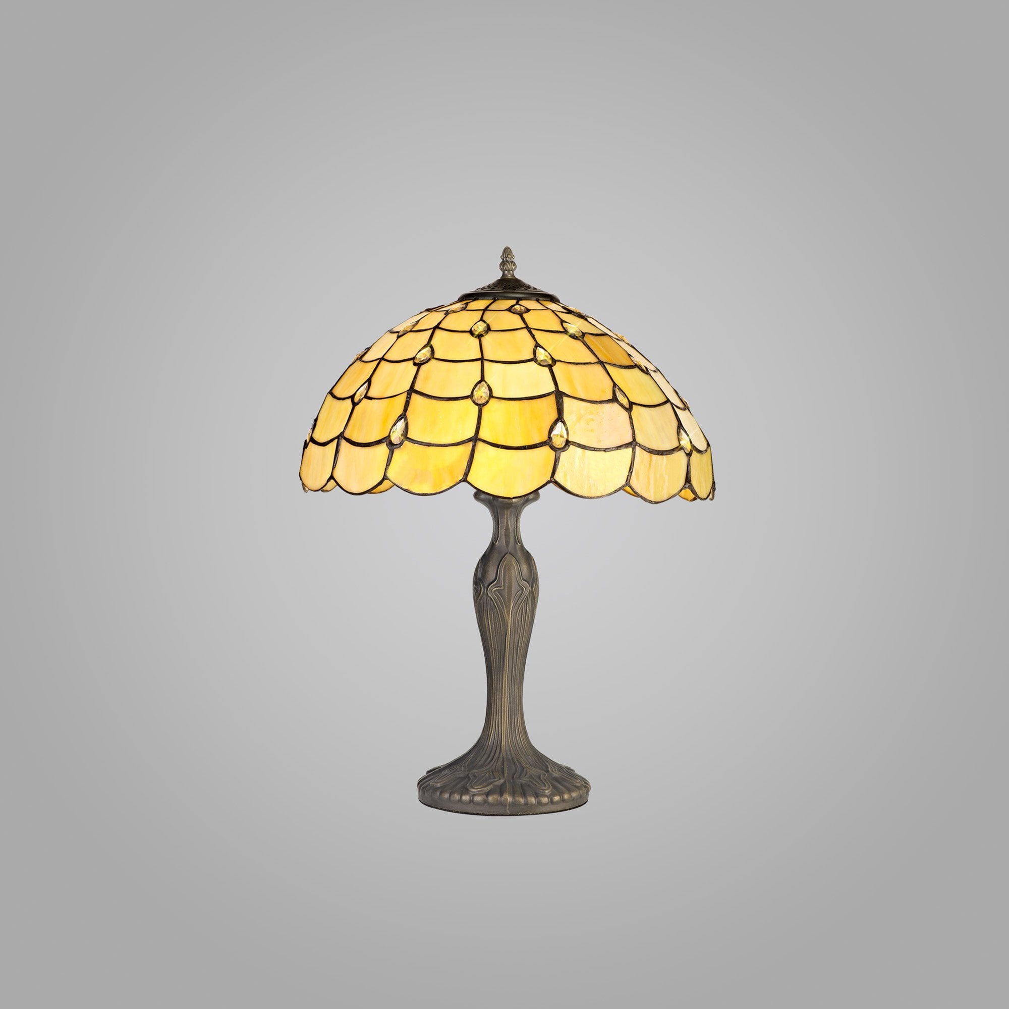 NLK00459 Chrisy 2 Light Curved Table Lamp With 40cm Tiffany Shade Beige/Clear Crystal/Aged Antique Brass