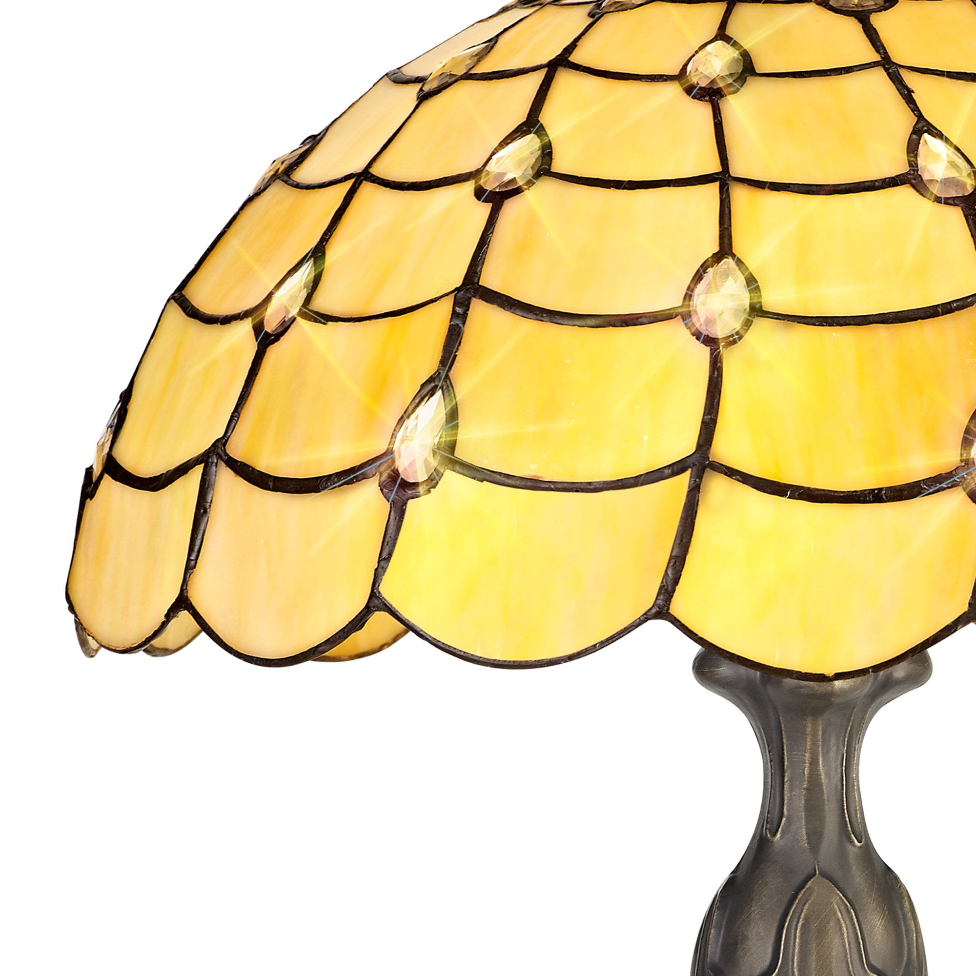 NLK00459 Chrisy 2 Light Curved Table Lamp With 40cm Tiffany Shade Beige/Clear Crystal/Aged Antique Brass