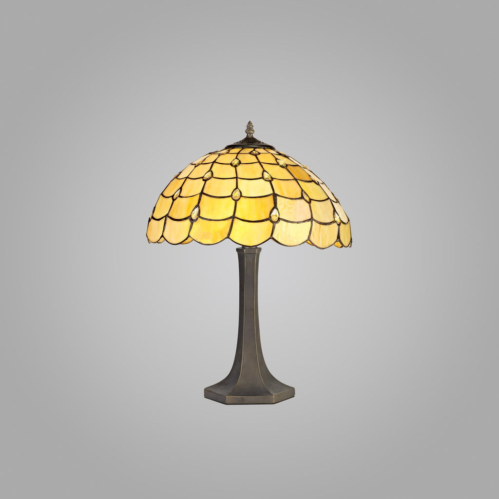 NLK00469 Chrisy 2 Light Octagonal Table Lamp With 40cm Tiffany Shade Beige/Clear Crystal/Aged Antique Brass
