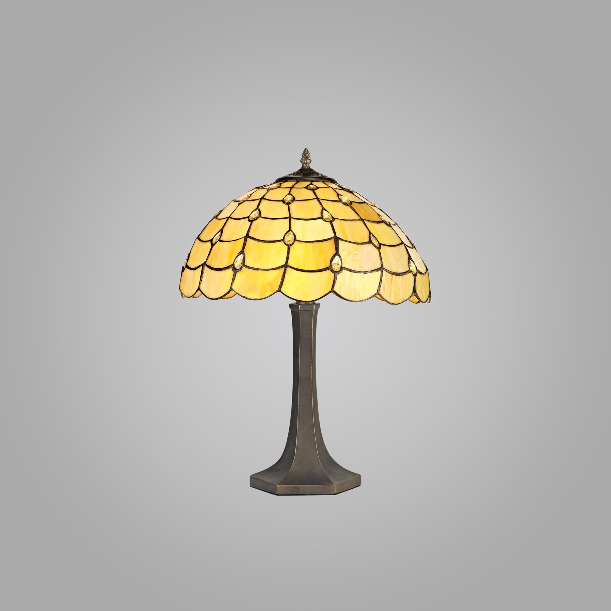 NLK00469 Chrisy 2 Light Octagonal Table Lamp With 40cm Tiffany Shade Beige/Clear Crystal/Aged Antique Brass
