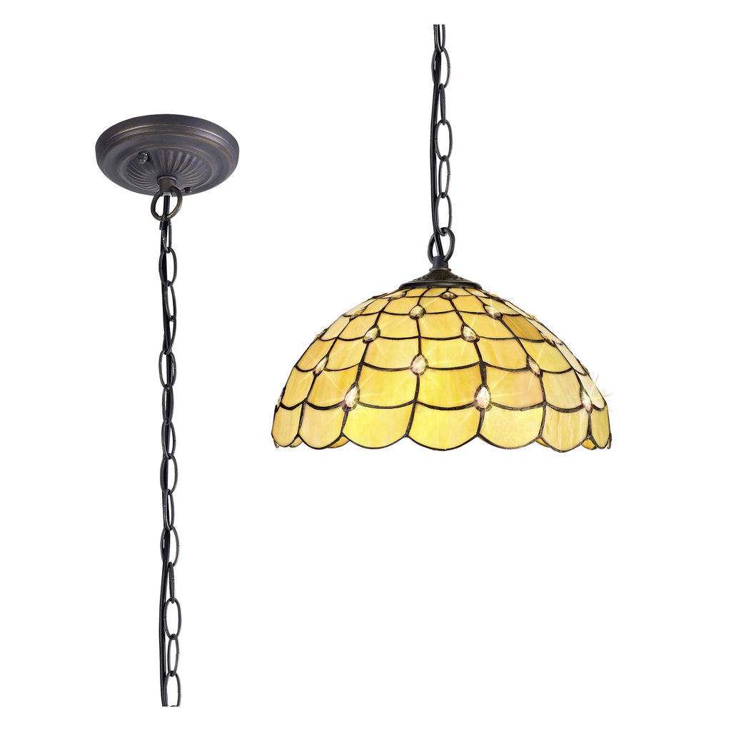 NLK00479 Chrisy 1 Light Down Lighter Pendant With 40cm Tiffany Shade Beige/Clear Crystal/Aged Antique Brass