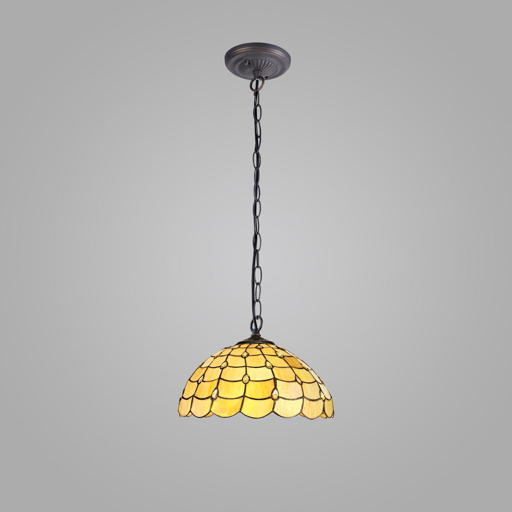 NLK00479 Chrisy 1 Light Down Lighter Pendant With 40cm Tiffany Shade Beige/Clear Crystal/Aged Antique Brass